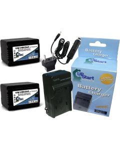 2X Pack -Digital Camera Battery and Charger w/Car & EU Adapter Replacement for Panasonic VW-VBK360 (4400mAh, 3.7V, Li-Ion)-Compatible w/SDR-T55, HC-V10, HDC-TM90,HDC-TM80, SDR-H85, HC-V100, HDC-SD60