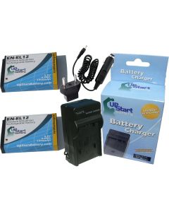 2 Pack - Replacement for Nikon S6200 & S6300 Battery + Charger with Car & EU Adapters - Compatible with Nikon EN-EL12 Digital Camera Battery and Charger (1300mAh 3.7V Lithium-Ion)